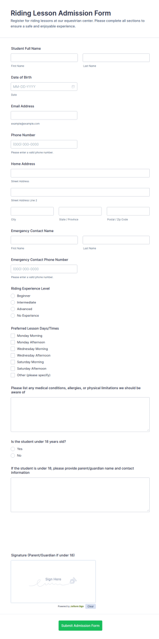 Riding Lesson Admission Form Template