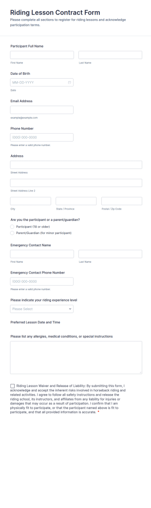 Riding Lesson Contract Form Template