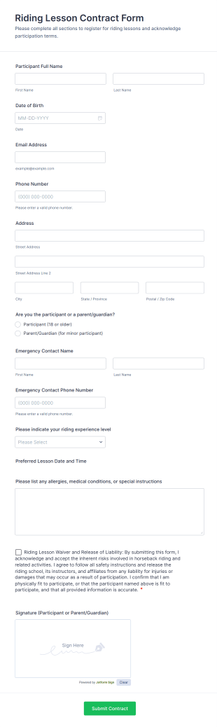 Riding Lesson Contract Form Template