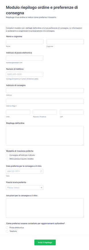 Riepilogo Ordine E Preferenze Di Consegna