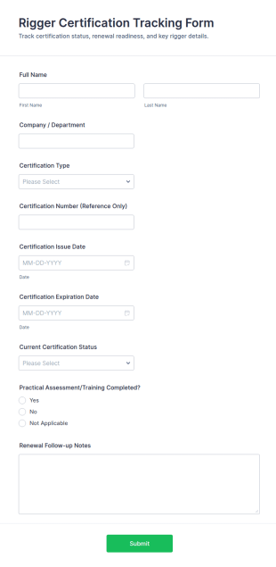 Rigger Certification Tracking Form Template