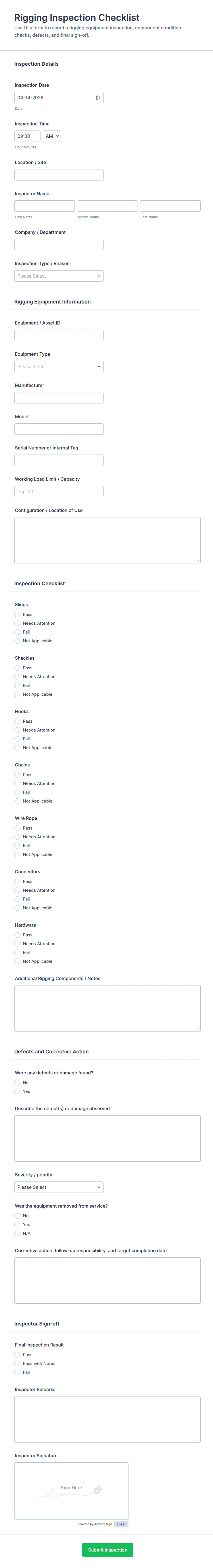 Rigging Inspection Checklist Form Template | Jotform