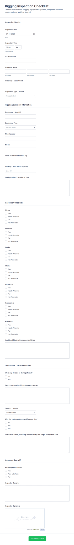 Rigging Inspection Checklist Form Template