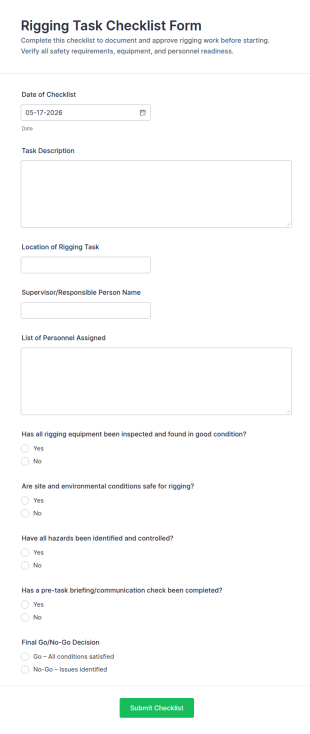 Rigging Task Checklist Form Template