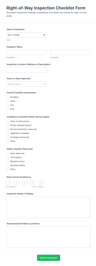 Right Of Way Inspection Checklist Form Template