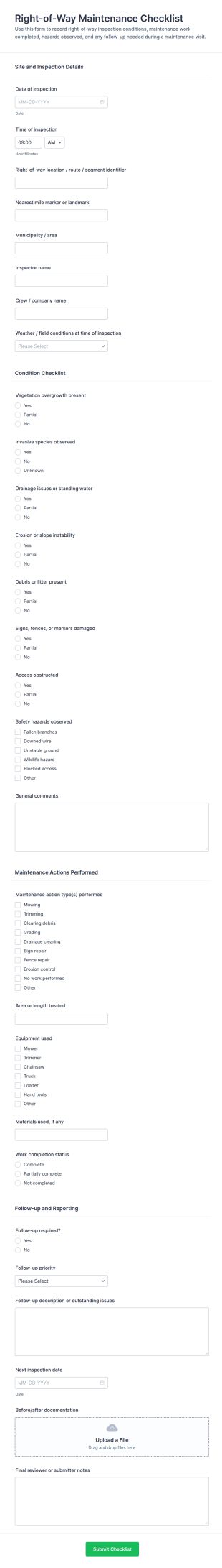 Right Of Way Maintenance Checklist Form Template