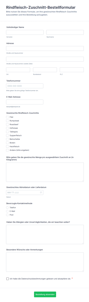 Rindfleisch Zuschnitt Bestellformular