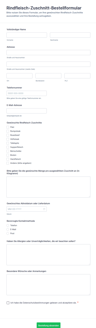 Rindfleisch Zuschnitt Bestellformular