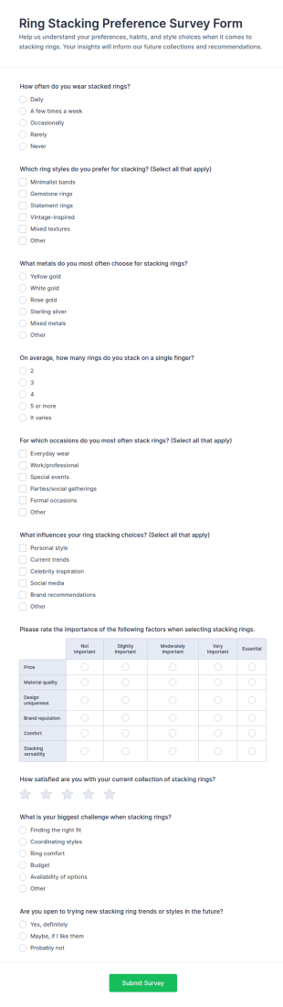 Ring Stacking Preference Survey Form Template