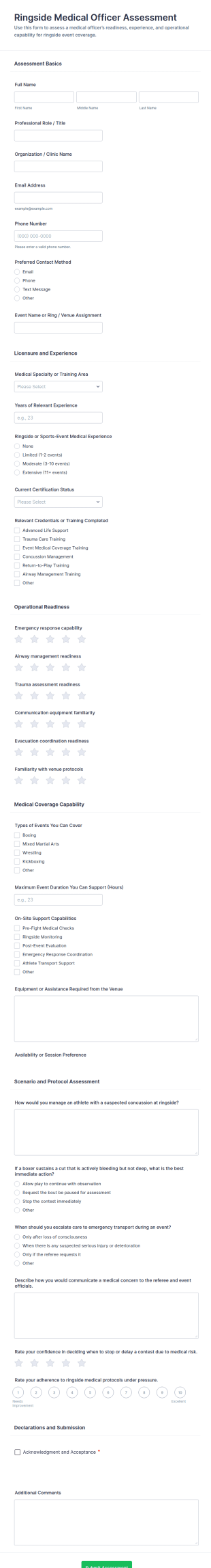 Ringside Medical Officer Assessment Form Template
