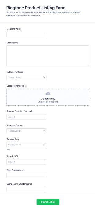 Ringtone Product Listing Form Template