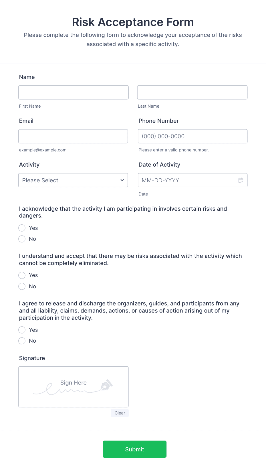 Risk Acceptance Form Template Jotform