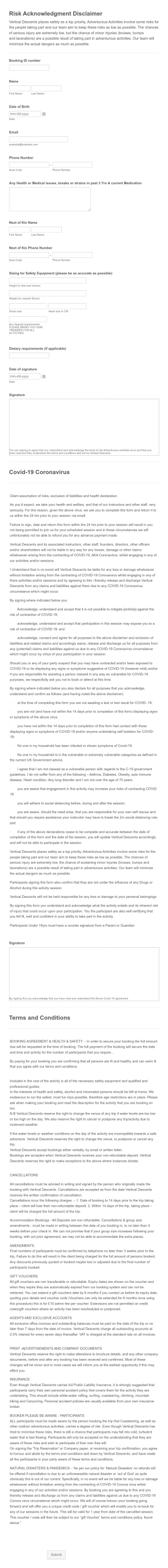 Risk Acknowledgment Disclaimer Form Template