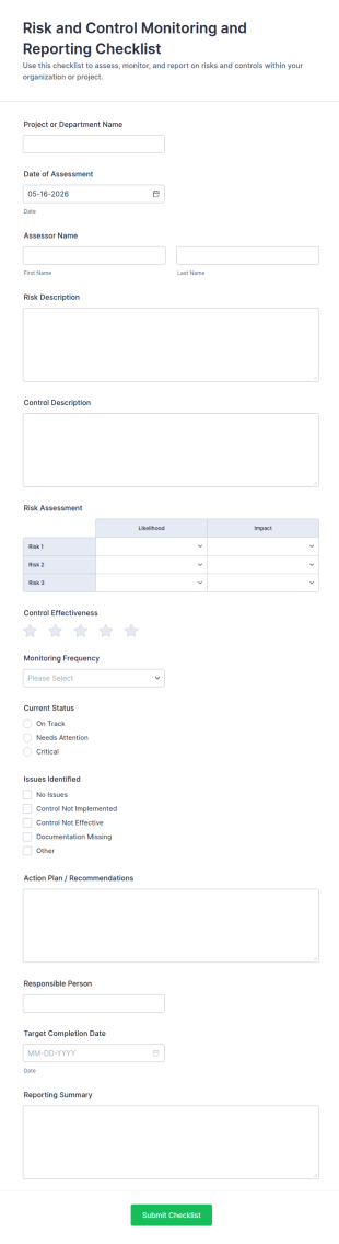 Risk And Control Monitoring And Reporting Checklist Form Template