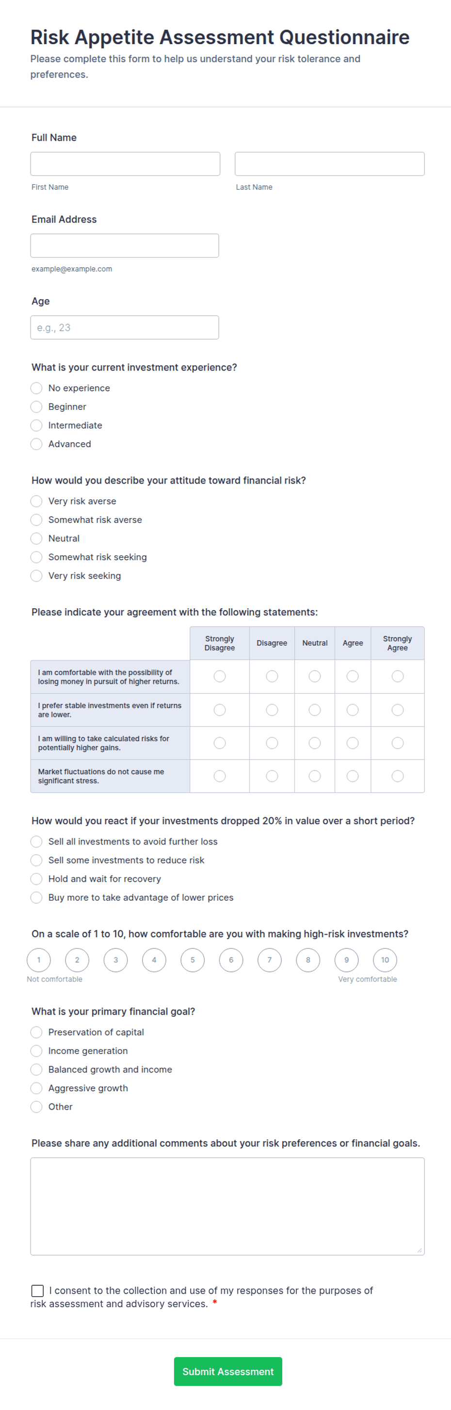 Risk Appetite Assessment Questionnaire Form Template | Jotform