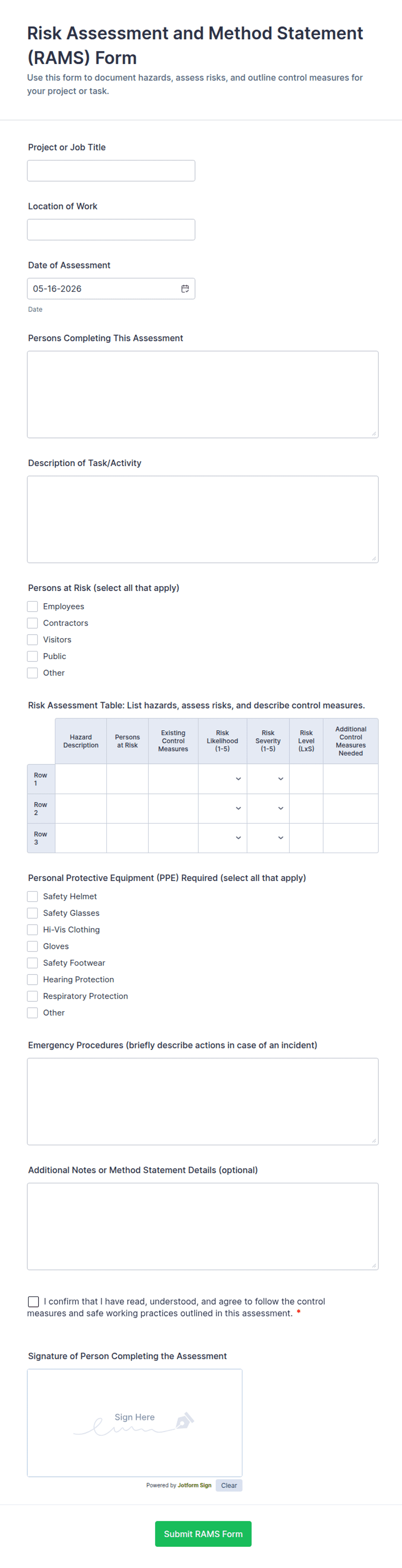 Smp Course Rams Risk Assessment Refill Pdf Risk Assessment and Method Statement (RAMS) Form Template | Jotform