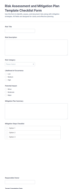 Risk Assessment And Mitigation Plan Checklist Form Template