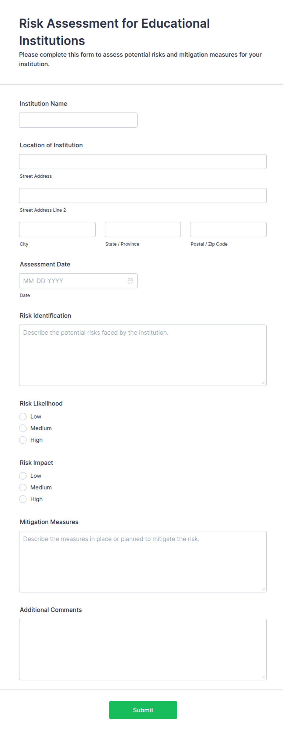 Risk Assessment for Educational Institutions Form Template | Jotform
