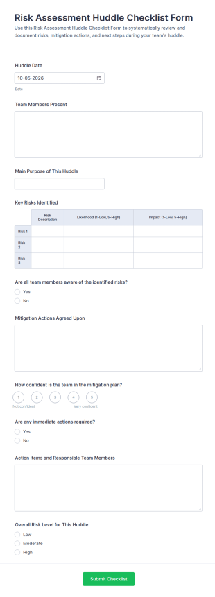 Risk Assessment Huddle Checklist Form Template