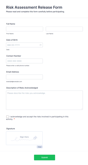 Risk Assessment Release Form Form Template