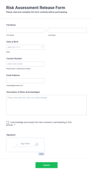 Risk Assessment Release Form Template