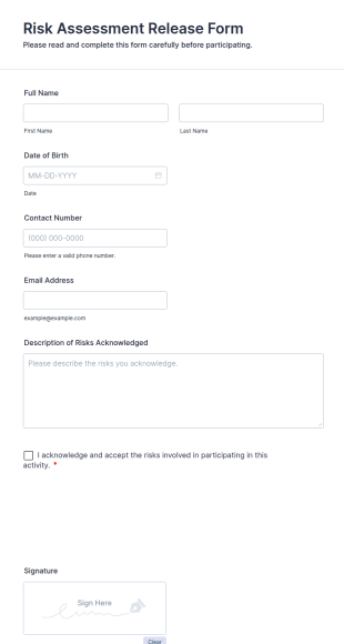 Risk Assessment Release Form Template