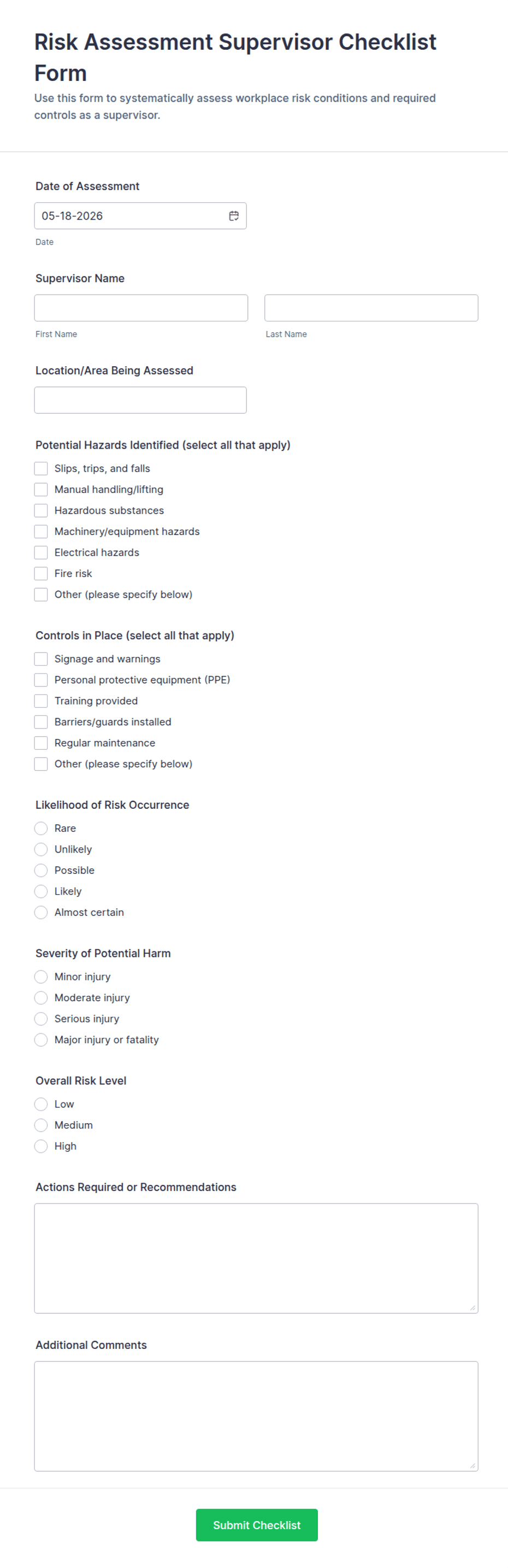 Risk Assessment Supervisor Checklist Form Template | Jotform