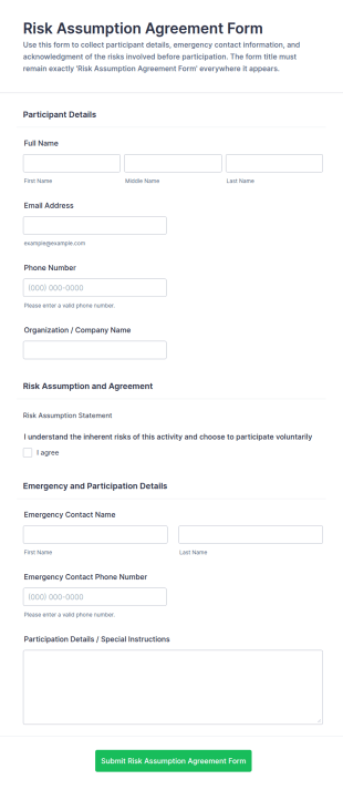 Risk Assumption Agreement Form Template