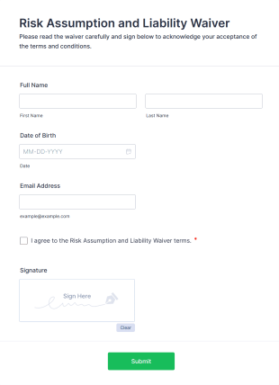Risk Assumption And Liability Waiver Form Template
