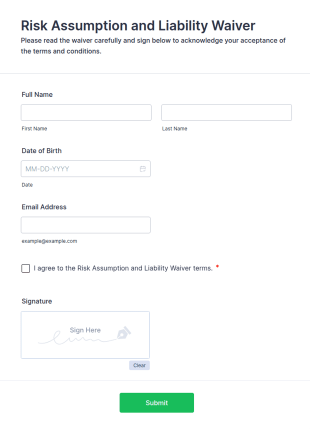 Risk Assumption And Liability Waiver Form Template