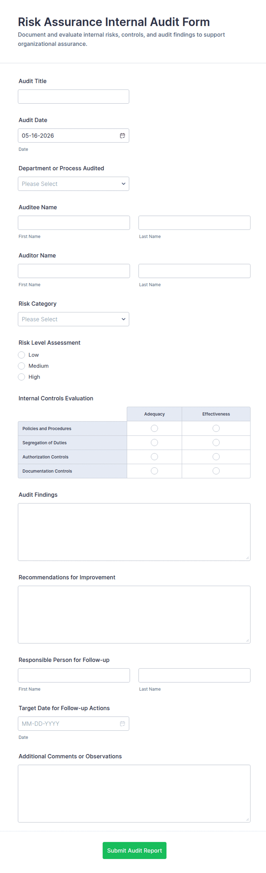 Random Audit Form Risk Assurance Internal Audit Form Template | Jotform