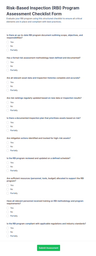 Risk Based Inspection (RBI) Program Assessment Checklist Form Template