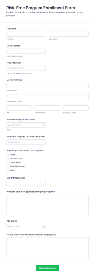 Risk Free Program Enrollment Form Template