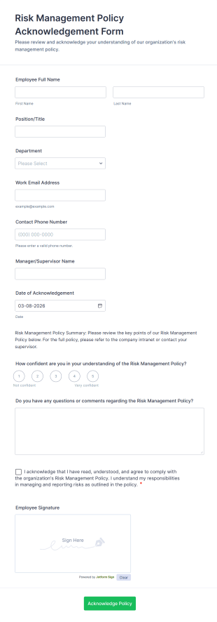Risk Management Policy Acknowledgement Form Template