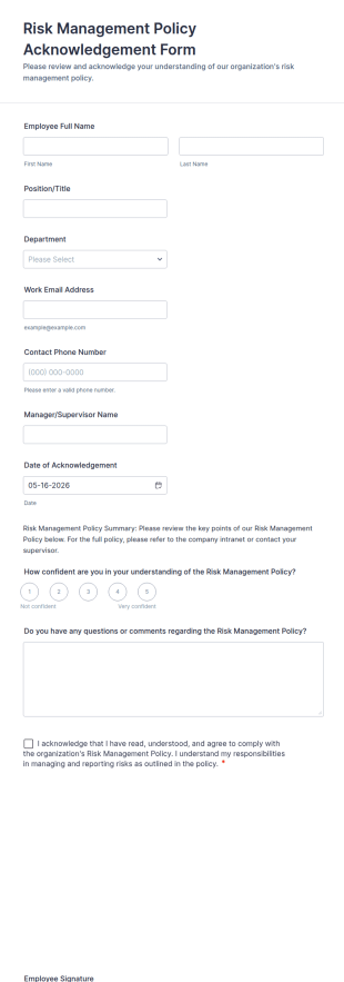 Risk Management Policy Acknowledgement Form Template