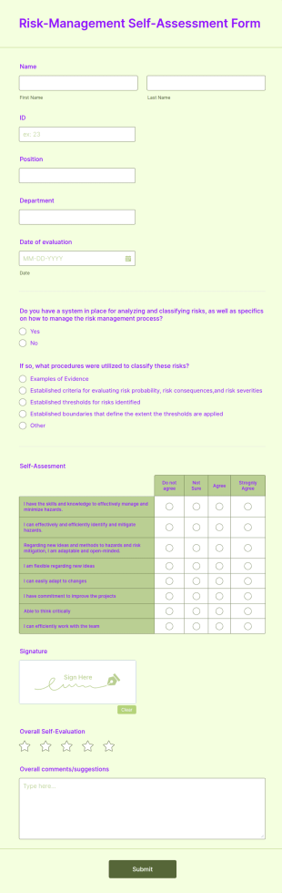 Risk Management Self Assessment Form Template