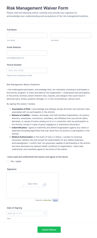 Risk Management Waiver Form Template