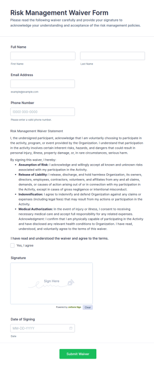 Risk Management Waiver Form Template