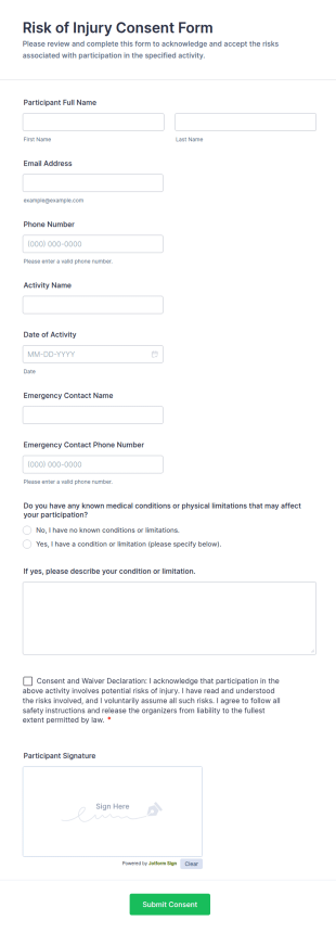 Risk Of Injury Consent Form Template