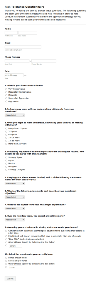 Risk Tolerance Questionnaire Form Template