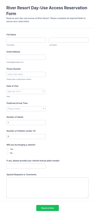 River Resort Day Use Access Reservation Form Template