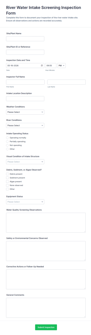 River Water Intake Screening Inspection Form Template
