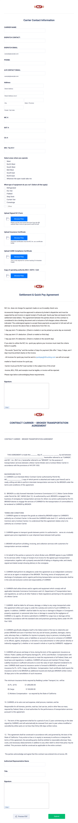 RLT Carrier Setup Form Template