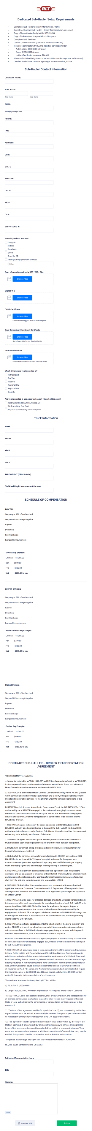 RLT Dedicated Sub Hauler Setup Packet Form Template