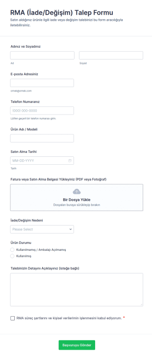 RMA (İade/Değişim) Talep Form Şablonu