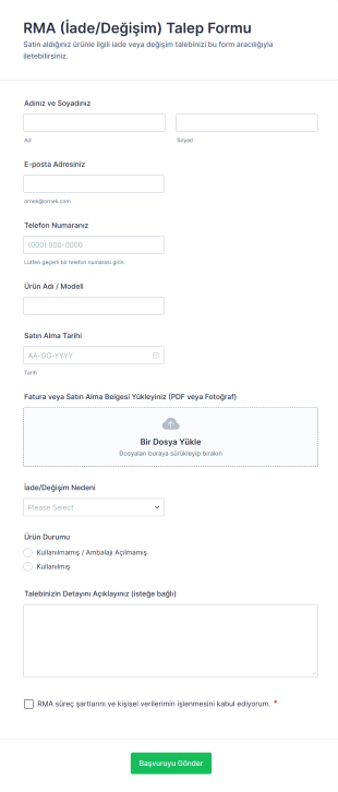 RMA (İade/Değişim) Talep Form Template