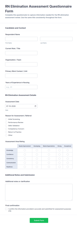 RN Elimination Assessment Questionnaire Form Template