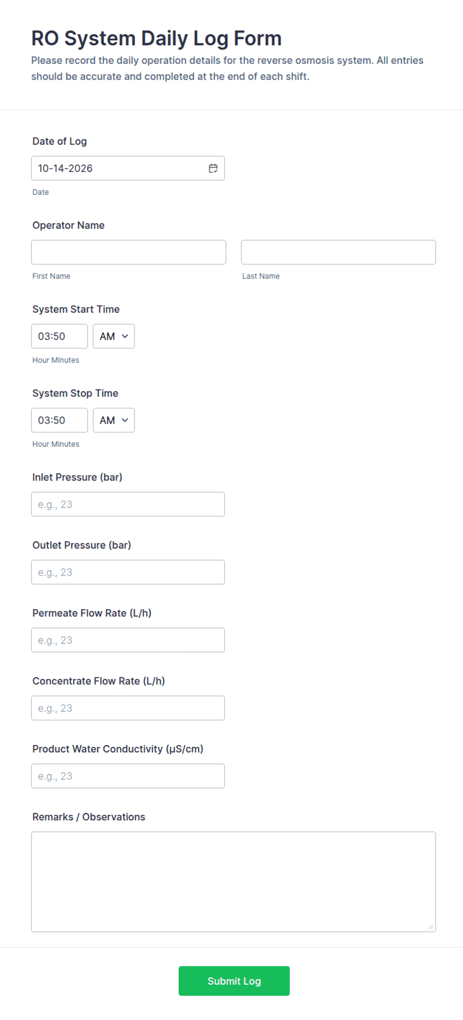 RO System Daily Log Form Template | Jotform