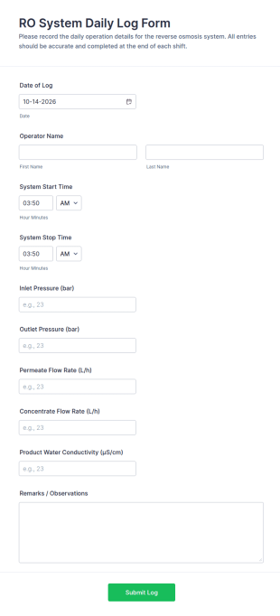 RO System Daily Log Form Template