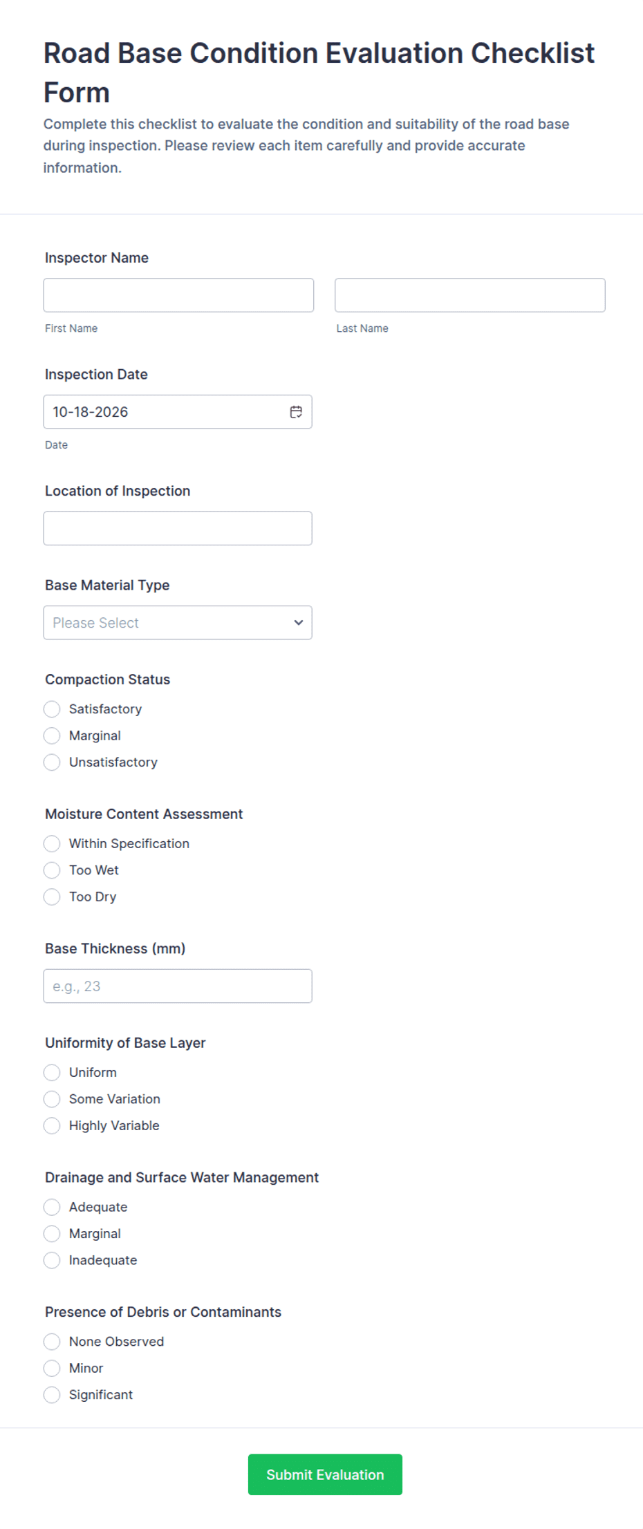 Road Base Condition Evaluation Checklist Form Template | Jotform